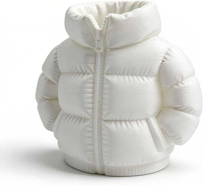 YOKUSHI Down Jacket Pen Holder, 3D Printed Funny Puffer Jacket Pencil Holder, Creative Desk Organizer for Office Supplies, Cute Unique Stationery Holder for Desk, Quirky Gift for Women Men (White)