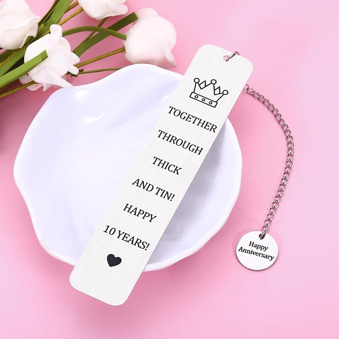 10 Year Anniversary Bookmark for Him Her 10th Anniversary Tin Gifts for Wife Husband Couple Gifts for 10th Wedding Anniversary for Book Lover Gifts Bookmark for 10th Tin Anniversary