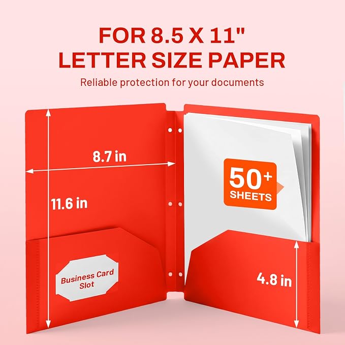 SUNEE 3 Hole Pocket Folders (1 Pack, Red), Plastic Pocket Folders for 3 Ring Binder, 3-Hole Punched Folder with Pockets, for Kids, Students, Teachers, Office Staff