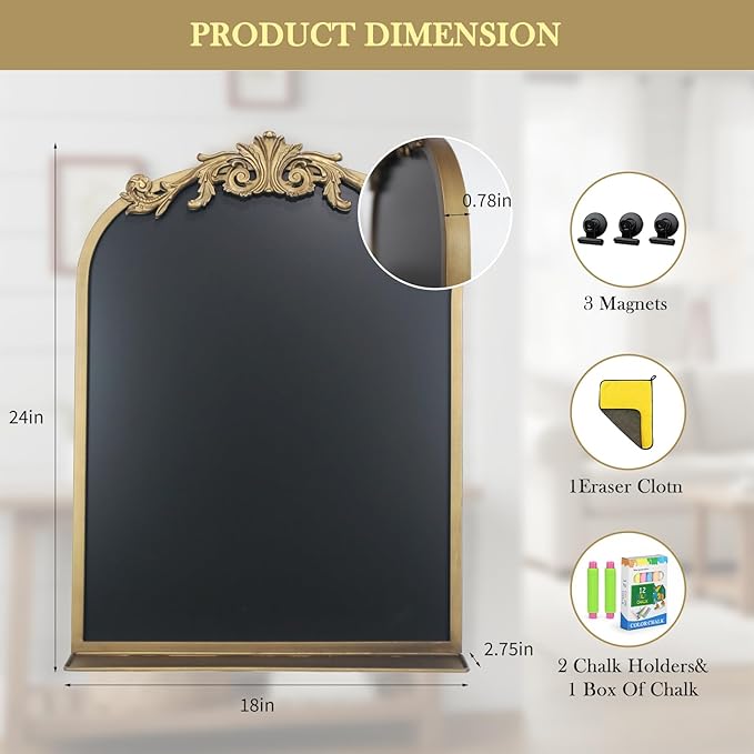 Vintage Magnetic Arch Chalkboard with Shelf - 18"x24" Decorative Wall Mounted Ornate Gold Framed Blackboard with Chalk, Clips & Cloth - Elegant Wedding Sign & Kitchen Menu Home Decor