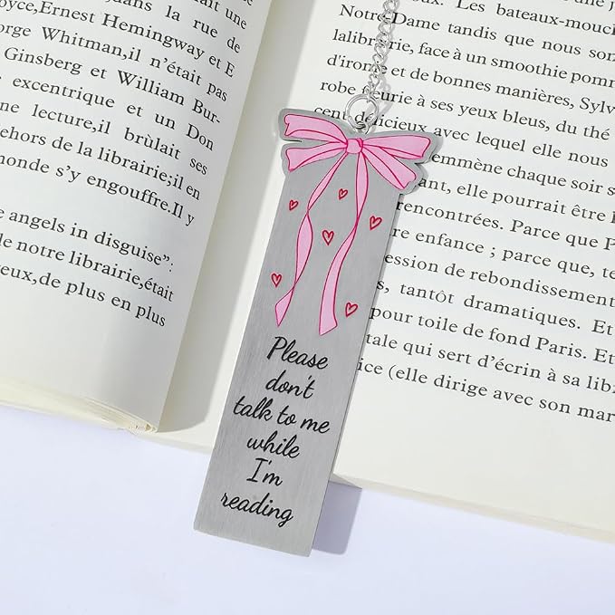 ZhuoXing Pink Bowknot Stainless Steel Bookmark - Cute Bowknot Patterns & Heart Pendants, Ideal for Female Readers, Set of 5