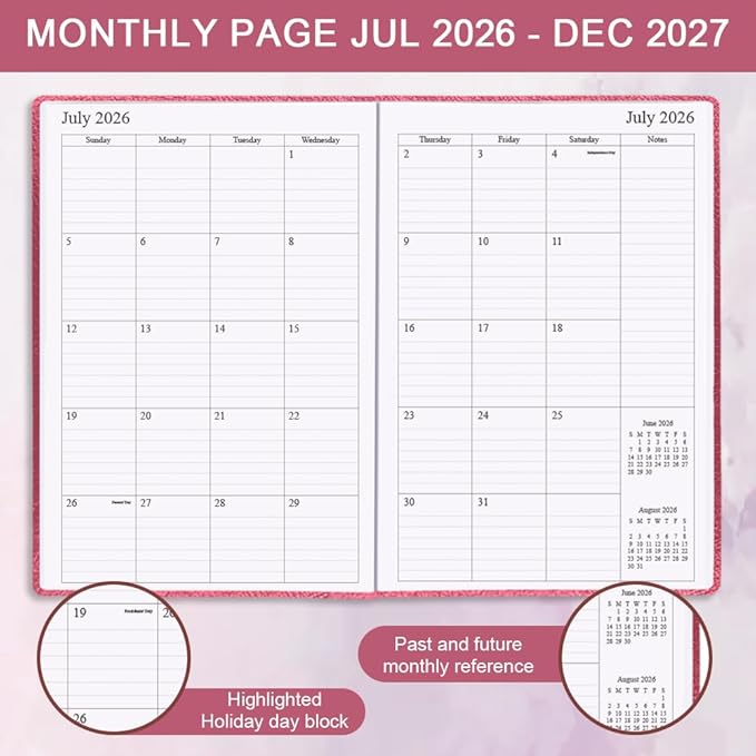 2026-2027 Planner - Weekly & Monthly Planner Runs from July 2026 - December 2027, 5.8" x 8.25", 18 Month Planners, 14 Notes Pages, Inner Pocket, PU Leather Hard Cover, Rose Monthly Planners 2026-2027