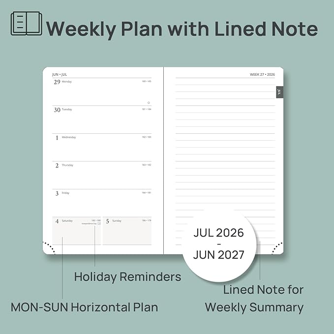 POPRUN 2026-2027 Pocket Planner (Size 4''x 6.25'') Weekly and Monthly Academic Calendar (JUL.26 - JUN.27) with Note Page and Monthly Tabs, Inner Pocket, Leather Soft Cover, 100 GSM - Green