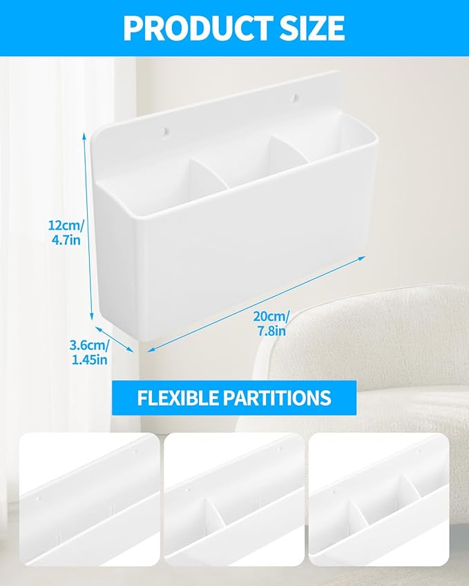 3 Slot Adjustable Remote Control Holder Wall Mount, Adhesive Remote Organizer for TV Controller with Hollow Bottom for Charging, Wall Pen Holder for Home Office School (White, 1)