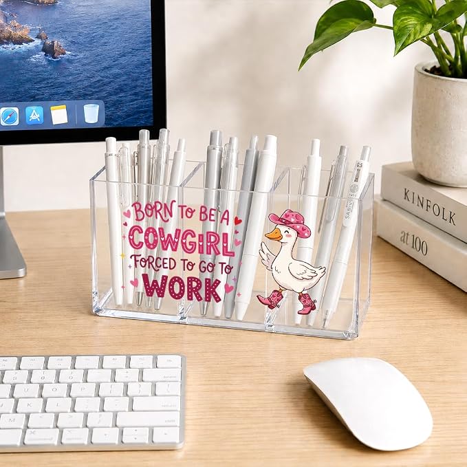 Pink Western Goose Acrylic Pen Holder for Desk, Born To Be A Cowgirl Forced To Go To Work Desk Organizer for Office Home, Back to School Gifts, Funny Sarcastic Office Gifts for Women Coworkers