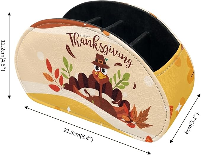 FUSURIRE Remote Control Holder Thanksgiving Turkey PU Leather Organizer Box with 5 Compartments for Home Office Supplies, Remote Caddy Desktop Storage for Controllers, Media Player, Makeup Brush, Pen