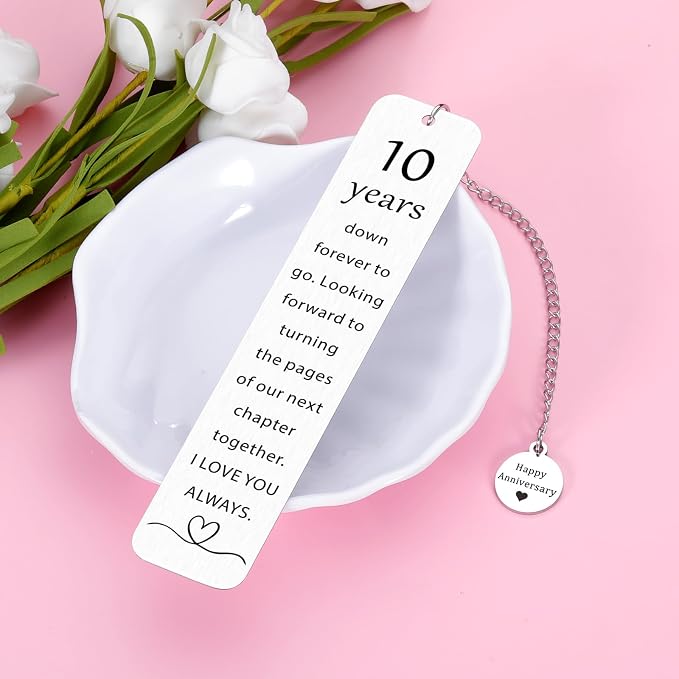 10 Year Anniversary Tin Gifts for Him/Her, 10th Wedding Anniversary for Wife Husband - Tin Anniversary Bookmark for Women Men Couple