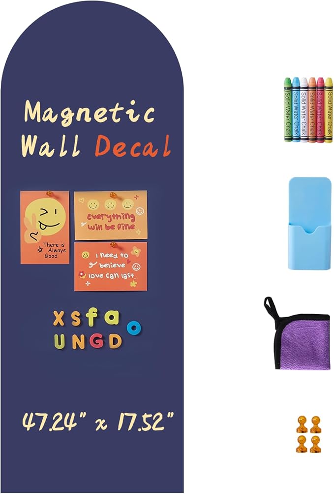 Arch Magnetic Wall Decal 47.24" x 17.52", Magnet Chalkboard for Wall, Magnetic Chalk Board Sticker, Chalk Wallpaper Peel and Stick for Playroom Classroom with Chalks, Wiping Cloth (Navy Blue)