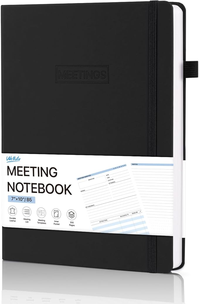 WEMATE Meeting Notebook for Work, Work Planner Notebook With Action Items, B5 Size Project Planner, Easily Take Meeting Notes & Keep Agendas on Track, Calender, Index Page, Inner Pocket, 7×10 Inch, Black