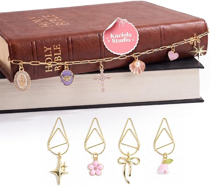 Kaciola Bible Charms Chain with 4PCS Planner Charms for Bible Study, Book Spine Bookmark, Journal Accessory, Unique Faith Jewelry Gift for Women (SJ-02)
