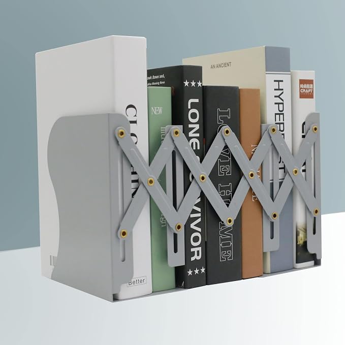 Adjustable Metal Bookends Heavy Duty for Shelves, 2 Dividers, Anti-Slip Design Expandable Book Ends for Desk, Office(Gray, 19 inches Max)