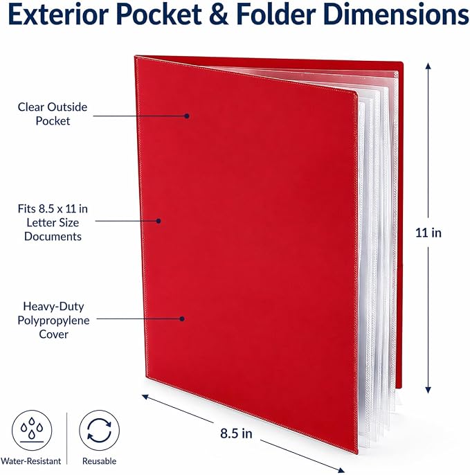 Ultra PRO - 50 Pack Red Heavy Duty 2-Pocket Folders with 6 Clear Internal Pages, Waterproof Poly Project Organizer for School and Office, Fits 8.5 x 11 Letter Size, Customizable Clear Covers