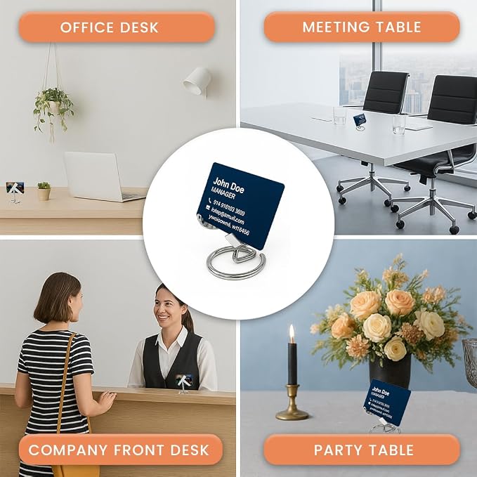 Metal Business Card Holder | Standing Business Card Stand & Business Card Holder Tabletop | Silver Desktop Card Organizer for Business Cards | Office Desk Stand Accessory for Cards