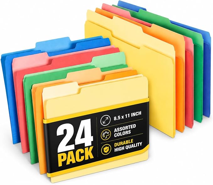 1InTheOffice Colored File Folders, Letter Size, 1/3-Cut Tab, Assorted Colors, 24 Pack