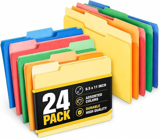 1InTheOffice Colored File Folders, Letter Size, 1/3-Cut Tab, Assorted Colors, 24 Pack