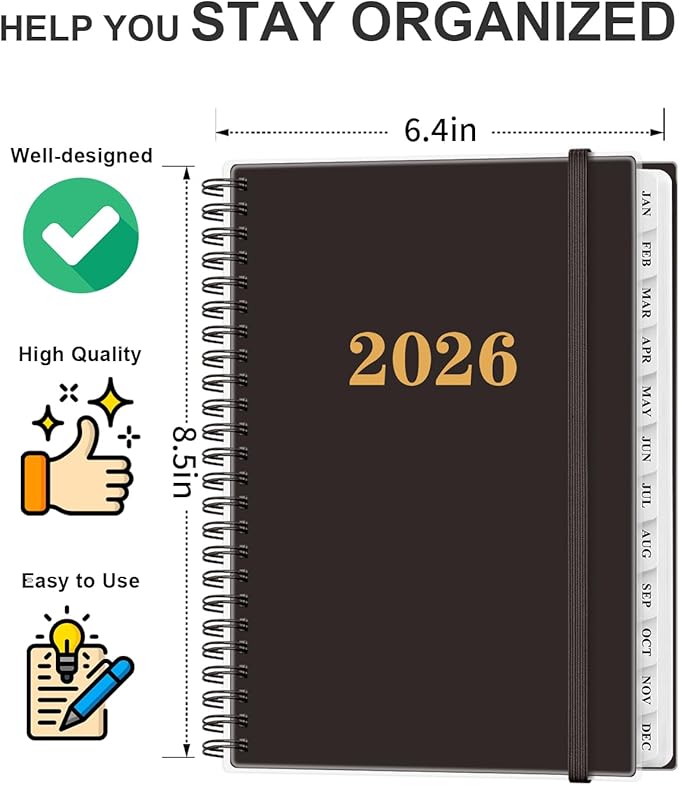 2026 Planner - Weekly and Monthly Planner from Jan 2026 - Dec 2026, Spiral Planning 2026 with 12-Month Tabs, Inner Pocket, 6.25" x 8.5", Black