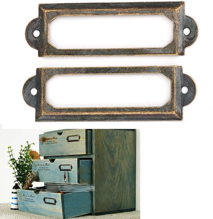 20PCS Metal Drawer Label Holders, Retro Exquisite File Cabinet Label Frames Card Tag Label Holder with Screws for Office Drawers Shelves (Bronze Color)