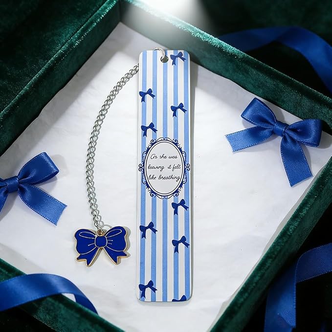 Pink Bow Metal Bookmark Gift Silver Chain Pendant with Bow for Women's Christmas Gift Book Lover Book Accessories School Supplies Office Stationery (Blue Bow Bookmark)