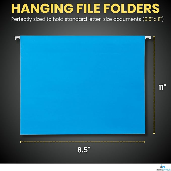 1InTheOffice Blue Hanging File Folders Letter Size, Adjustable Tabs, Letter Size File Folders Hanging, File Cabinet Dividers, 50 Pack