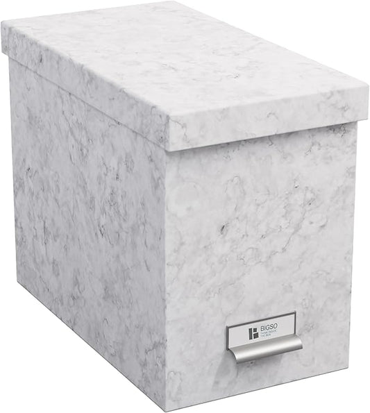 Bigso John Fiberboard Label Frame Desktop File Storage Box - Document Organizer for Important Paperwork - Durable Hanging File Box with Lid & Metal Label Window - 7.36 x 13.38 x 10.51 in - Marble