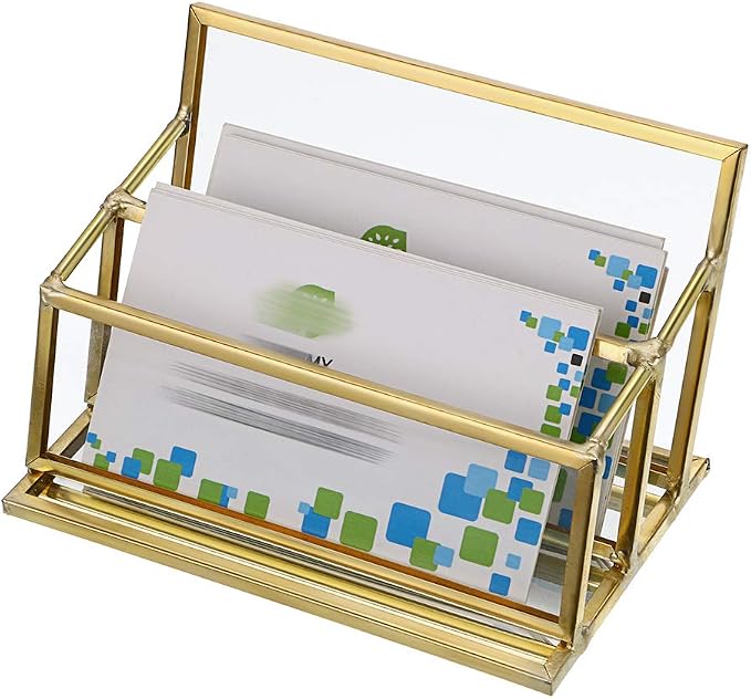 Hipiwe 2 Slots Glass Business Card Holder Stand - Gold Metal Frame Name Card Display Stand Business Name Card Organizer for Office Tabletop,Fits 80-100 Business Cards