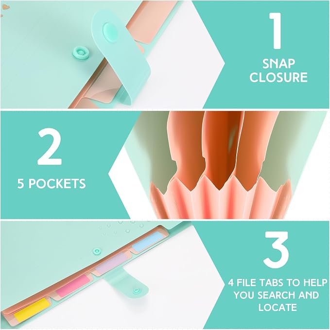 Kosiz 10 Packs Expanding File Folders with 5 Pockets, A4 Letter Size Cute Folders for Documents, File Document Organizer with 80 Pcs File Folder Labels for Document School Office Supplies