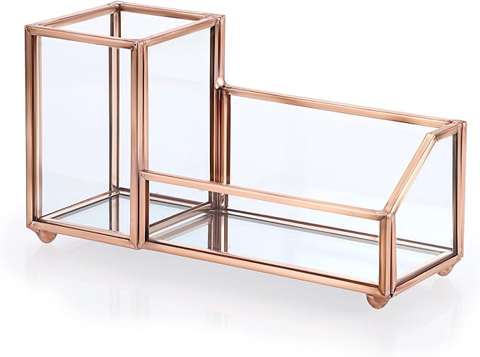 Hipiwe Glass Business Card Holder Stand Metal Pen Pencil Storage Holder for Desk Clear Business Card Display Organizer Case for Office Home Desktop,Rose Gold