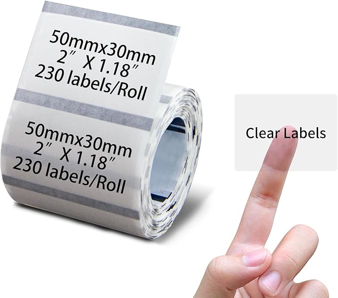 PUQU 50x30mm Transparent Direct Thermal Sticker Labels, Label Printer Self-Adhesive All-Purpose Rectangular Label Maker Tape, Refills Standard Laminated Office Labeling, 1 Roll of 230 Labels