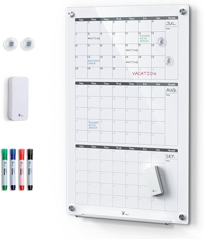 3-Month Vertical Layout 24'' x 36'' Magnetic Glass Dry Erase Calendar Board for Wall, Whiteboard Planner, Reusable Monthly Frameless Quarterly Whiteboard for Office, Home & Classroom with Accessories