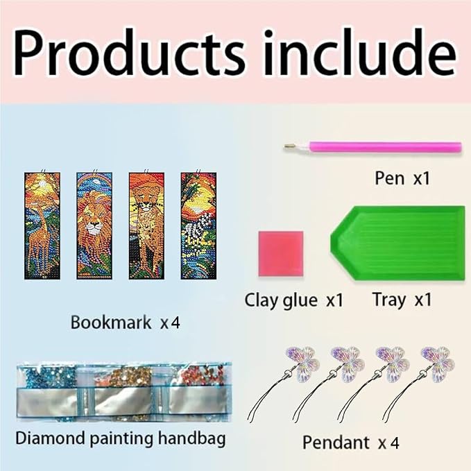 4PCS Animal Diamond Painting Bookmark DIY Diamond Art Kits for Adults, Acrylic Diamond Art Bookmarks with Pendant for Book Lovers