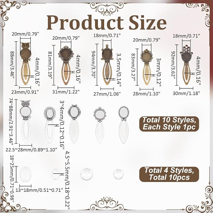 20Pcs 10 Styles Vintage Bookmark Pendant Tray Kit Include 10Pcs Oval Round Metal Bookmark Cabochon Setting with 10Pcs Clear Glass Cabochon Alloy Cabochons Book Mark Blank Bezels