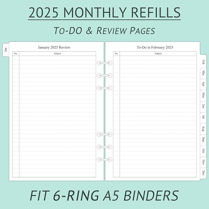 newestor 2025 Monthly Planner Refill for A5 Binder, Two Pages Per Month, Jan 2025 to Dec 2025, A5 Size, 6-Hole Punched