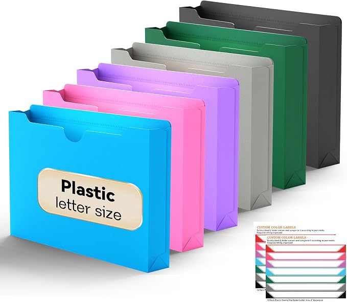 Plastic 2 Inch Expanding File Jacket Folders,12 Pack Heavy Duty Expansion Pocket Files,Reinforced Colored Expandable File Folders,Straight Cut Tab,Manilla Pocket Folders,Letter Size,Colorful