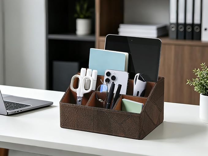 PU Leather Desktop Organizer, Home Luxury Remote Control Holder, Office Desk Accessory and Nightstand Storage Box, Vintage Style, Suitable for Living Room Tabletops (Brown Vintage)