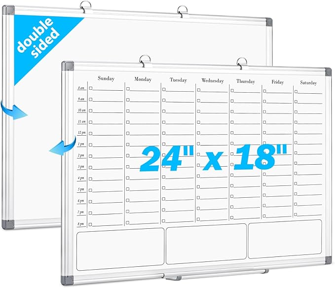 ONAVIA Weekly Calendar Dry Erase Board for Wall, Hanging 24"×18" Double-Sided Magnetic White Board, Hanging Whiteboard for Planning, Drawing, Memo, to Do List, School, Home, Kitchen, Office