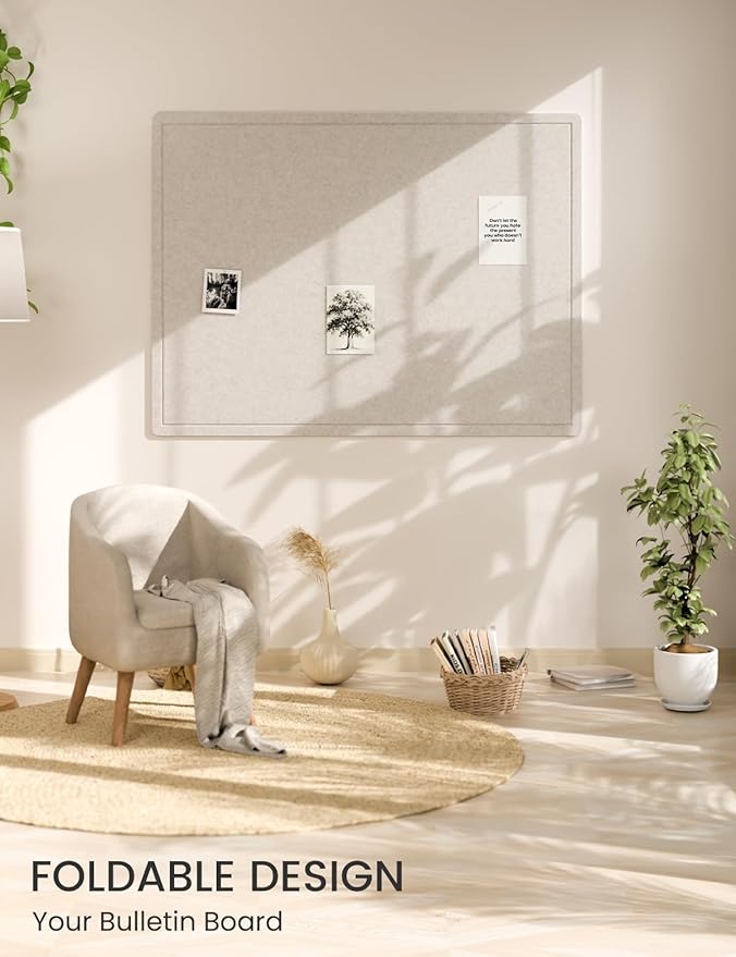 Fluxynara Bulletin Board,47.2" × 35.4" Cork Board Alternative with 24 Safe Removable Adhesive Tabs, Foldable Felt Pin Board for Home Office, Classroom, Bedroom,Entryway for Walls—Oatmeal