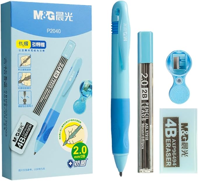 M&G Mechanical Pencil Set, 2mm Mechanical Pencil, With Eraser Refill and Sharpener, School Supplies, Drawing Pencils, Sketching Pencils，Aesthetic Mechanical Pencils for Writing (Blue)