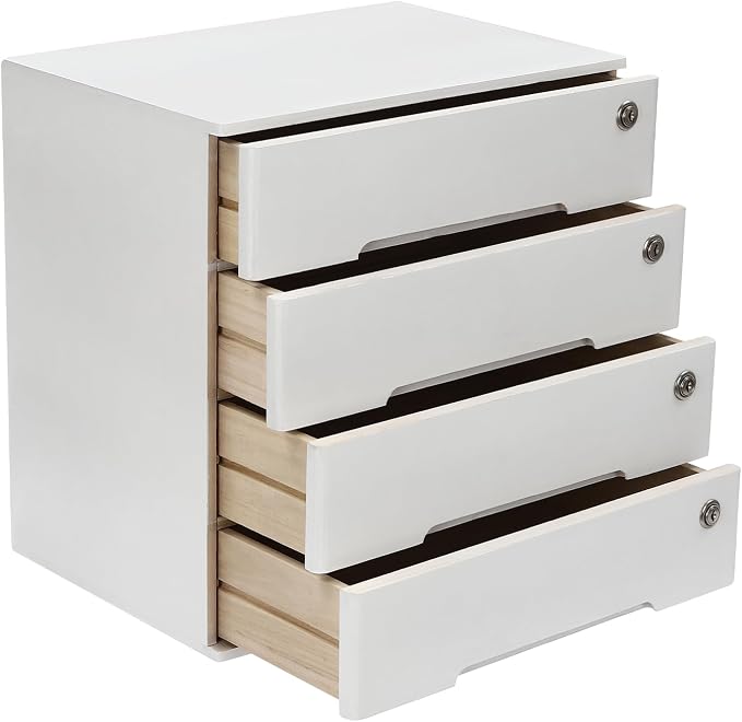 Wooden Desktop Storage Box with Lockable Drawers, Flat File Cabinet Drawer Desktop Storage Box, Countertop Storage Cabinet for Office Home Toiletries Supplies Vanity (White, 4 Drawer)