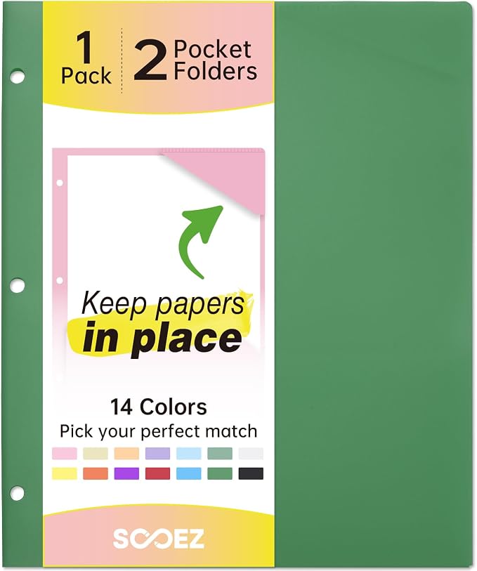 Sooez 2-Pocket Folders, Plastic Folders with Pockets 3 Hole Punched, 1 Pack Pockets Folder for 3 Ring Binder with Labels, Heavy Duty Binder Folder for Document, Letter Size File Folder,Dark Green