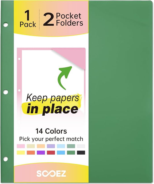 Sooez 2-Pocket Folders, Plastic Folders with Pockets 3 Hole Punched, 1 Pack Pockets Folder for 3 Ring Binder with Labels, Heavy Duty Binder Folder for Document, Letter Size File Folder,Dark Green