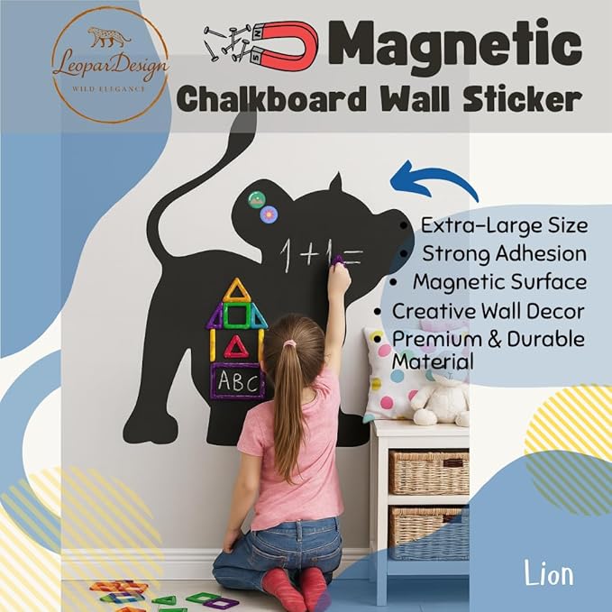 Cartoon-Style Magnetic Wall Chalk Board for Kids - Peel & Stick Magnetic Board for Drawing, Writing & Learning - Chalkboard Wall Sticker for Playrooms, Bedrooms, Classrooms & Homeschool - Lion