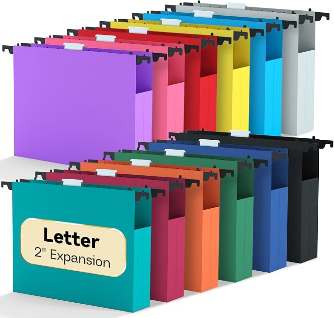 Extra Capacity 2" Expandable Hanging File Folders,Heavy Duty File Hangers with Tabs,12 Pack Sturdy Hang Folder for File Box Frame,Office File Cabinet Folders,Candy Color Hanging File Organizer