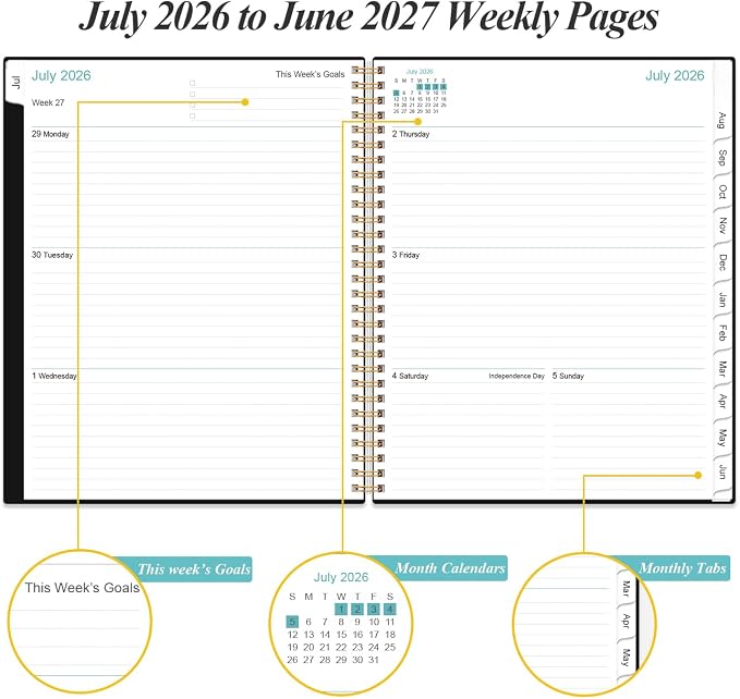 Planner 2026-2027 For Women & Men - Monthly and Weekly Calendar Planner from July 2026 - June 2027, Student Planning with 12 Tabs for Office School Supplies, Inner Pocket, 8.5" x 11", Black