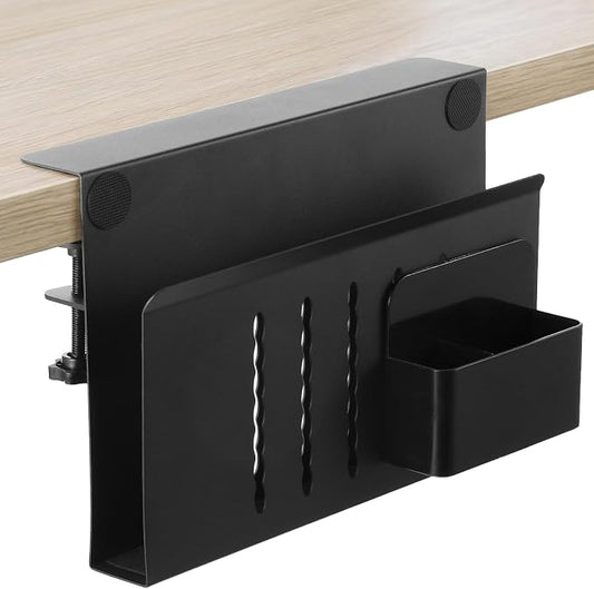 Desk Side Storage, No Drill Laptop Holder with Magnetic Pen Organizer, Clamp On Under Desk Mount for Home Office, Fits Flat Edge Tables 0.3" to 2.8"