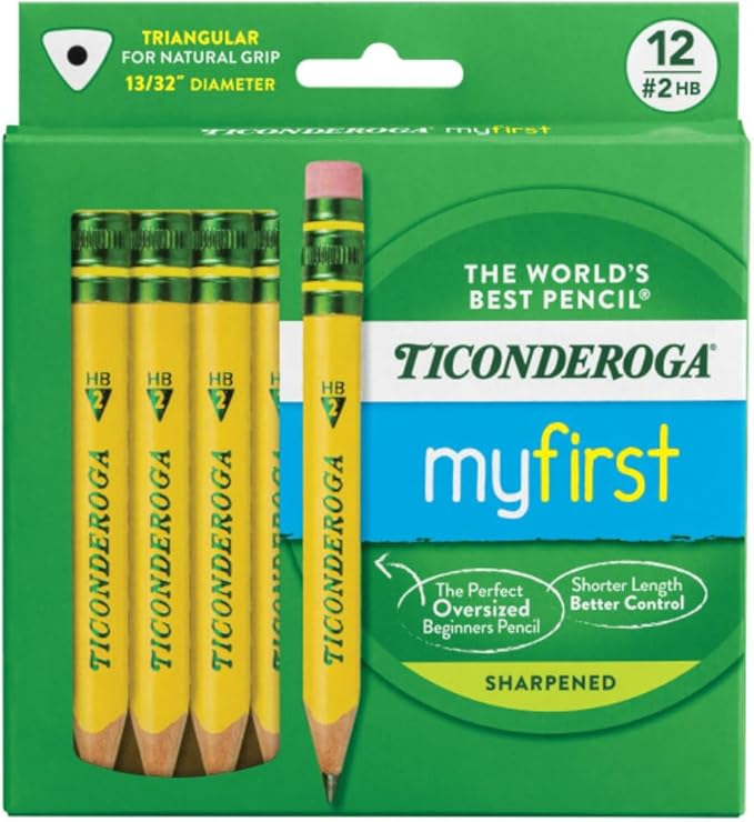 Ticonderoga My First Half-Size Wooden Pencils, Large Triangle-Barrel Pre-Sharpened #2 (HB) Short 4.5" Yellow Pencils with Erasers, Yellow, 12/Pack, Case of 72 Packs