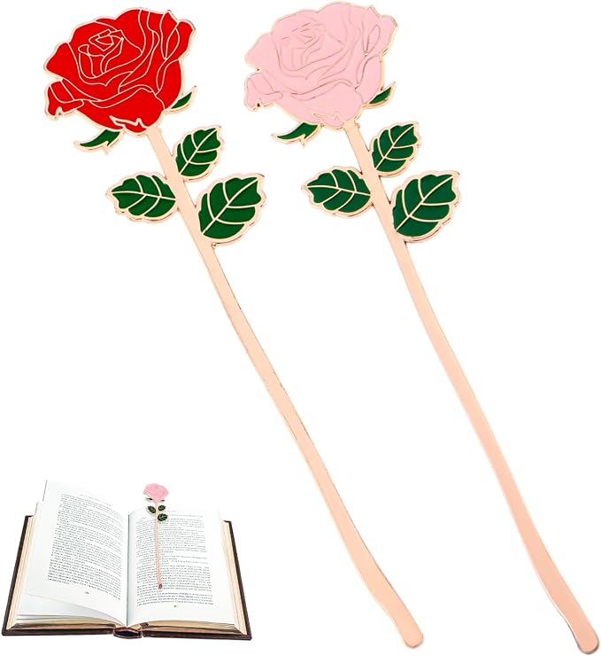 2 Pack Metal Rose Bookmark Vintage Red Flowers Book Page Holder Aesthetic Flower Book Marks Gift for Women Book Lovers Birthday Mother's Day Valentine's Day Christmas