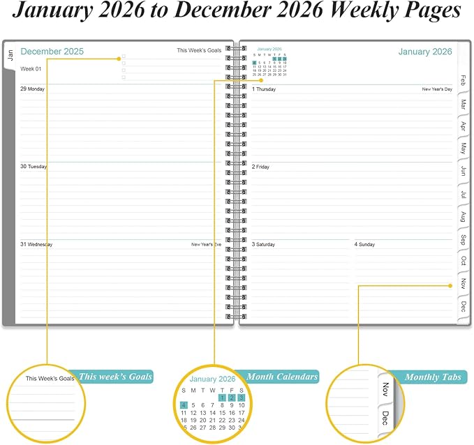2026 Planner - Planner 2026 from January 2026 to December 2026 with 12 Monthly Tabs, Flexible Cover, Inner Pocket, 8.5" x 11", Grey-C