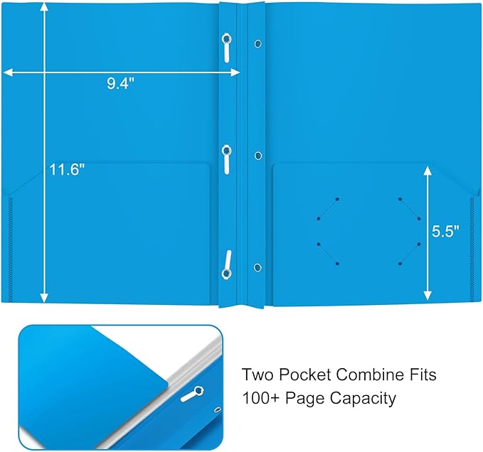ViVin 12 Pack Plastic Folders with Pockets and Prongs, Heavy Duty 2 Pocket Folders with 3-Prong Fasteners, Poly File Holds 8-1/2" x 11" Paper for School Office Home (Sky Blue)