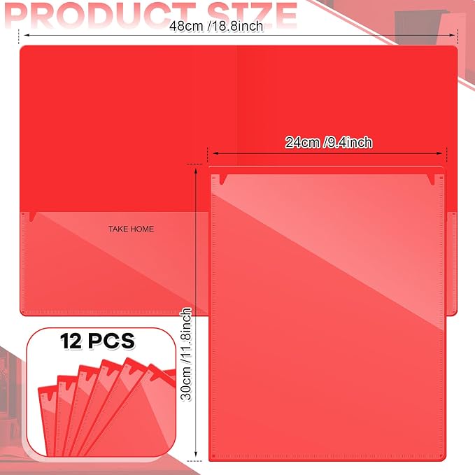 Henoyso 12 Pcs Folders with Pocket School to Home Folder Heavy Duty 2 Pocket Homework Folders with Clear Front Pockets for School Students Parent Teacher Communication (Red)