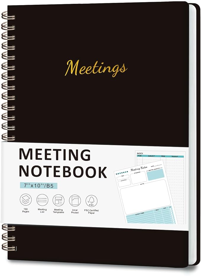 Meeting Notebook for Work Organization, Work Planner Notebook with Action Items, Project Agenda Planner for Note Taking, 160 Pages (6.9" X 9.9"), Perfect Office School Business Supplies for Women & Men (Black)